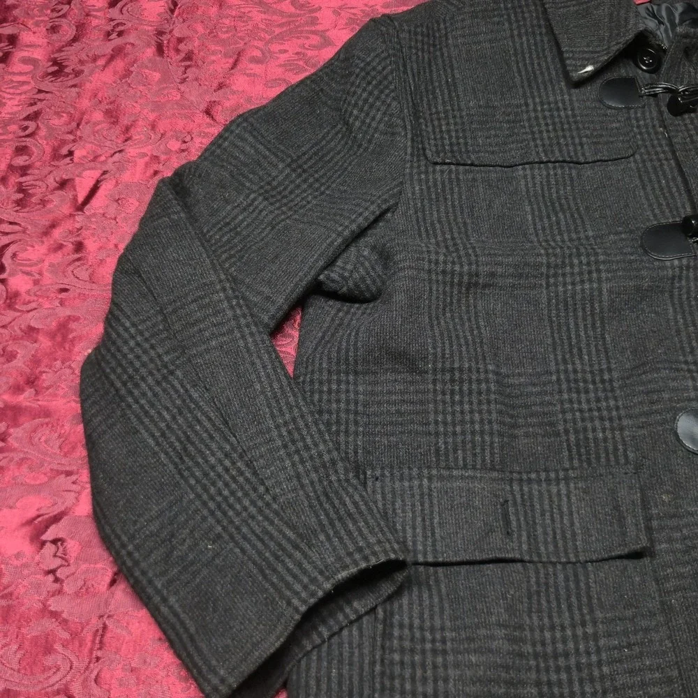 Merona Mens XXL Gray Plaid Wool Blend Duffle Coat Toggle Zip Up Winter Jacket